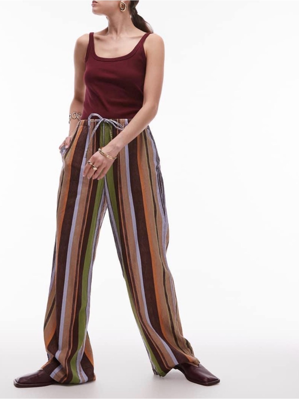 Topshop Multistripe Wide-Leg Drawstring Pants — Brown, Green, Lavender, Orange